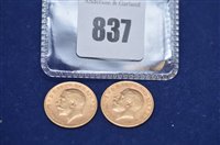 Lot 837 - Two 1912 gold 1/2 soverign
