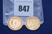 Lot 847 - Two gold 1/2 sovereigns (2)