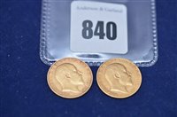 Lot 840 - Two gold half sovereigns
