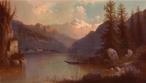 Lot 320 - A man in a boat crossing a lake.