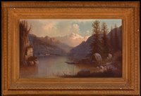 Lot 320 - A man in a boat crossing a lake.