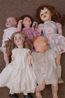 Lot 549 - Five dolls, one 20th Century French, another Armand Marsille.