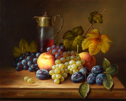 Lot 399 - Still-life study of fruit and a jug of wine