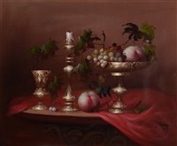 Lot 326 - A still-life study of peaches, grapes and silverware.