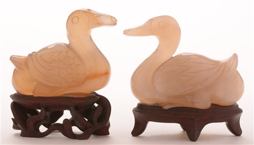 Lot 51 - Chinese carved pale green agate ducks