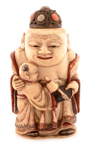 Lot 32 - Chinese carved, painted and stained ivory figural snuff bottle