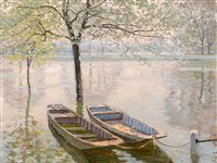 Lot 367 - Two punts tied up below a blossom tree.