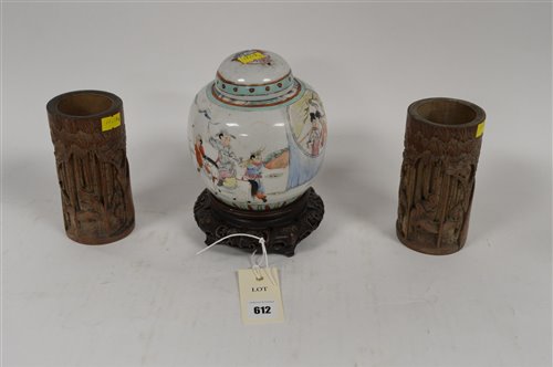 Lot 612 - A pair of early 20th century bamboo bitong; together with An early 20th century famille rose ginger jar and cover with wood stand