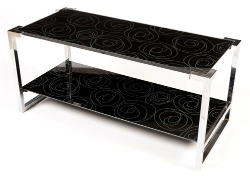 Lot 1064 - A vintage chromed metal and patterned black glass two tier coffee table
