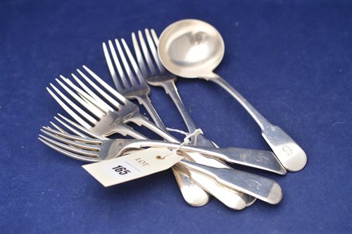 Lot 165 - Set of six silver forks and a ladle