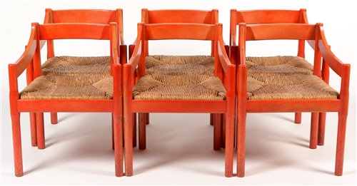 Lot 1124 - Vico Magistretti for Habitat: six beech and rush seated armchairs.
