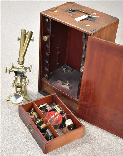 Lot 71 - Brass microscope in mahogany case