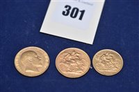 Lot 301 - Two gold sovereigns and a gold half sovereign
