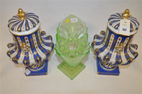 Lot 517 - Pair of Dresden vases and covers together with an Art Deco green glass vase