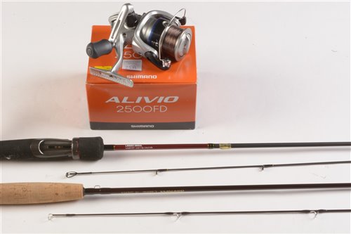 Lot 25 - An Alivio spinning rod with slip and 2500FD reel in box; together with a Snowbee Classic 7' #5/6 two piece in black slip.