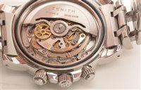 Lot 476 - Zenith. A stainless steel automatic calendar chronograph bracelet watch, El Primero Rainbow