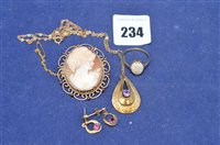 Lot 234 - Cameo brooch, opal ring, amethyst pendant, earrings