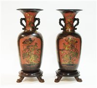 Lot 55 - Large pair Japanese lacquer vases with stands.
