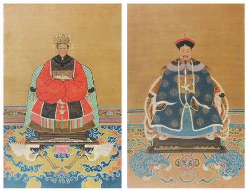 Lot 36 - Pair of Chinese watercolour portraits on silk.