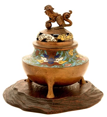 Lot 31 - A late 19th Century Chinese bronze and champleve enamel censer and cover.