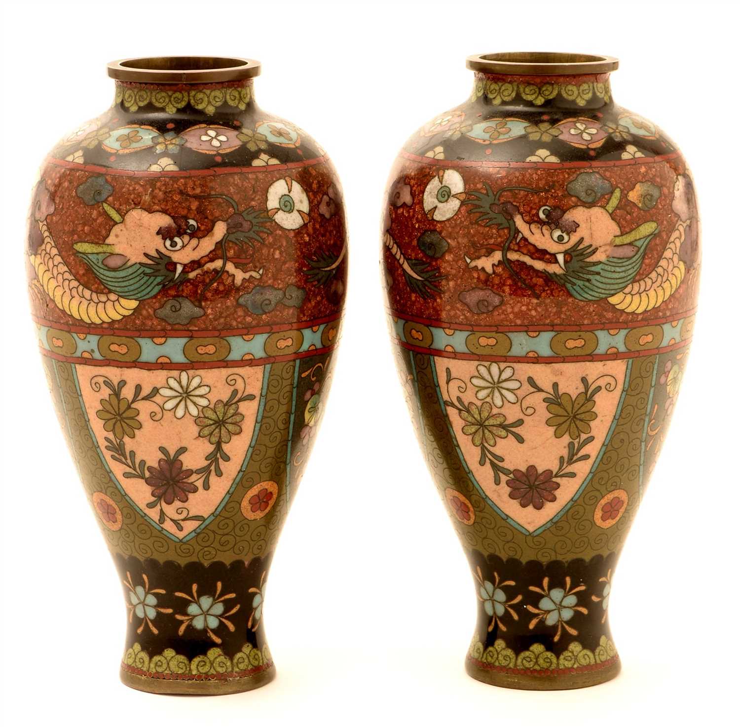 Lot 48 - A pair of Meiji period Japanese cloisonné vases.