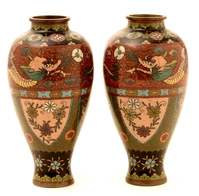 Lot 48 - A pair of Meiji period Japanese cloisonné vases.
