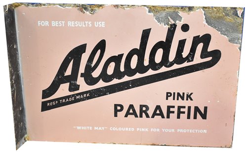 Lot 139 - Aladdin pink paraffin enamel sign