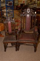 Lot 680 - A set of ten plus two late Victorian stained and carved oak dining chairs.