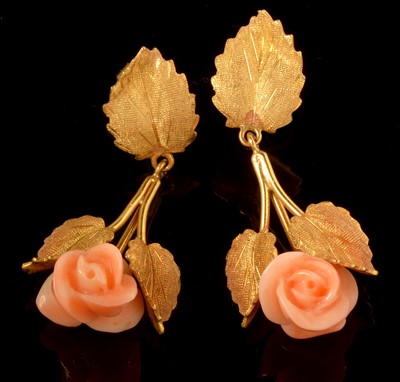 Lot 609 - Coral and 18ct gold rose pattern earrings