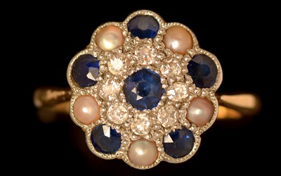 Lot 618 - Sapphire, diamond and pearl ring