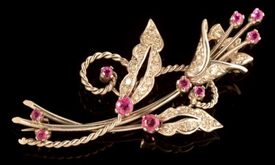 Lot 623 - Ruby and diamond floral spray brooch