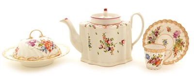 Lot 112 - A Newhall teapot;  Dresden coffee cup and saucer; and a muffin dish.