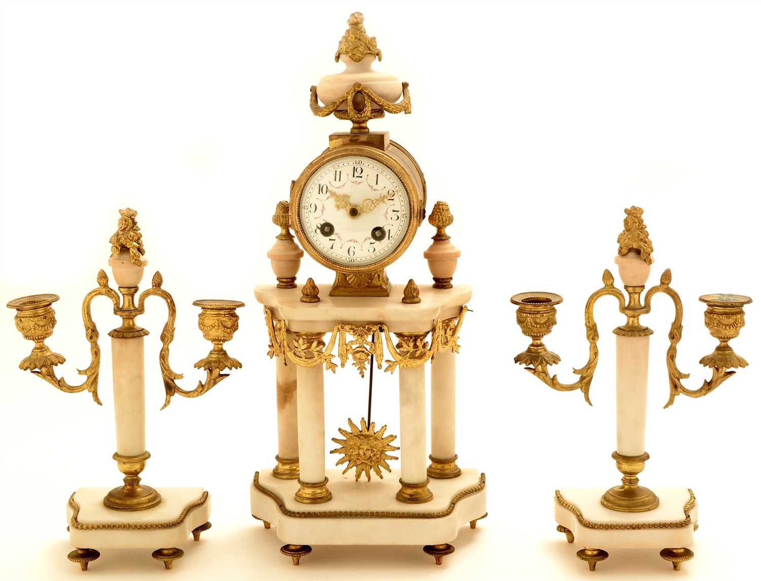Lot 743 - A.D. Mougin: a French gilt bronze and marble three piece clock garniture