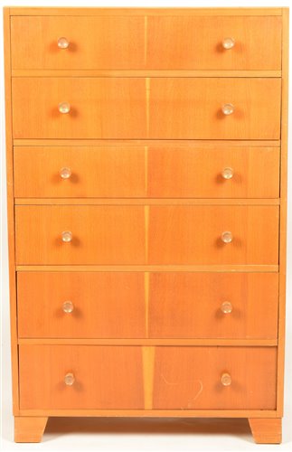 Lot 92 - W. Axelrod: a mid 20th Century oak veneered chest of six drawers.