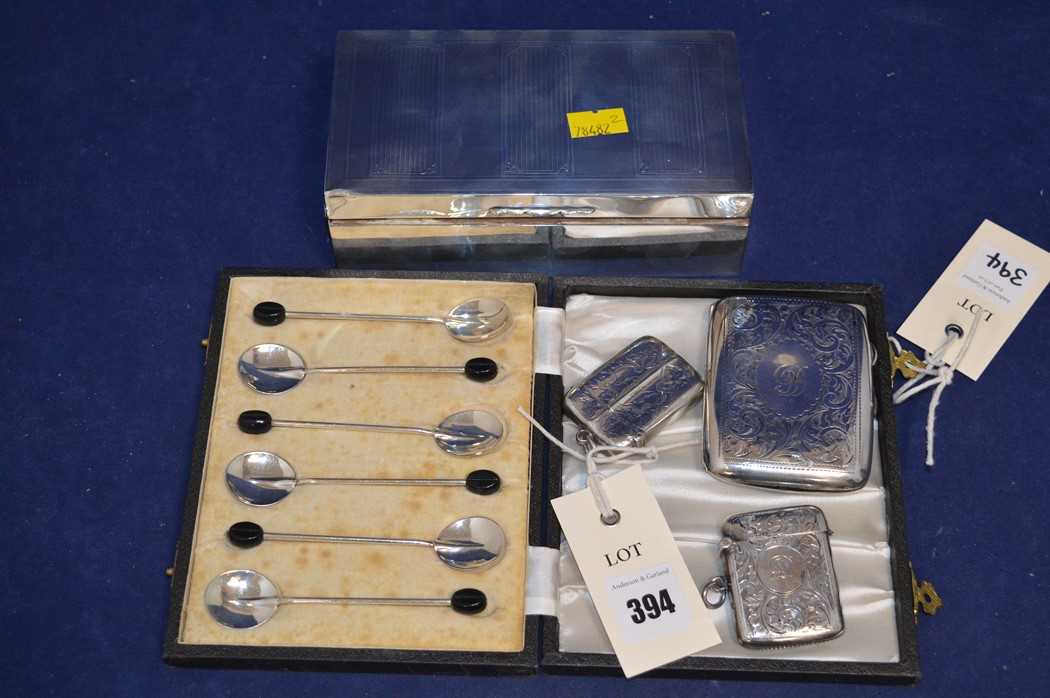 Lot 394 - Silver coffee spoons; cigarette box and vesta cases