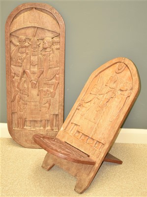 Lot 287 - Carved Benin tribe chair and wall panel