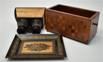 Lot 421 - A box, a Tunbridge ware tray and a stereoscope viewer