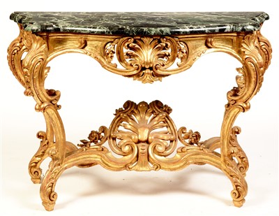 Lot 850 - A Louis XV style giltwood marble topped console table.