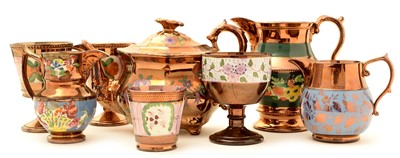 Lot 83 - Eight pieces of Staffordshire copper lustreware.