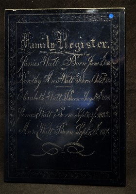 Lot 175 - A documentary engraved blue glass panel