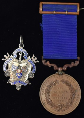 Lot 1815 - Bronze Royal Humane Society medal and silver fob