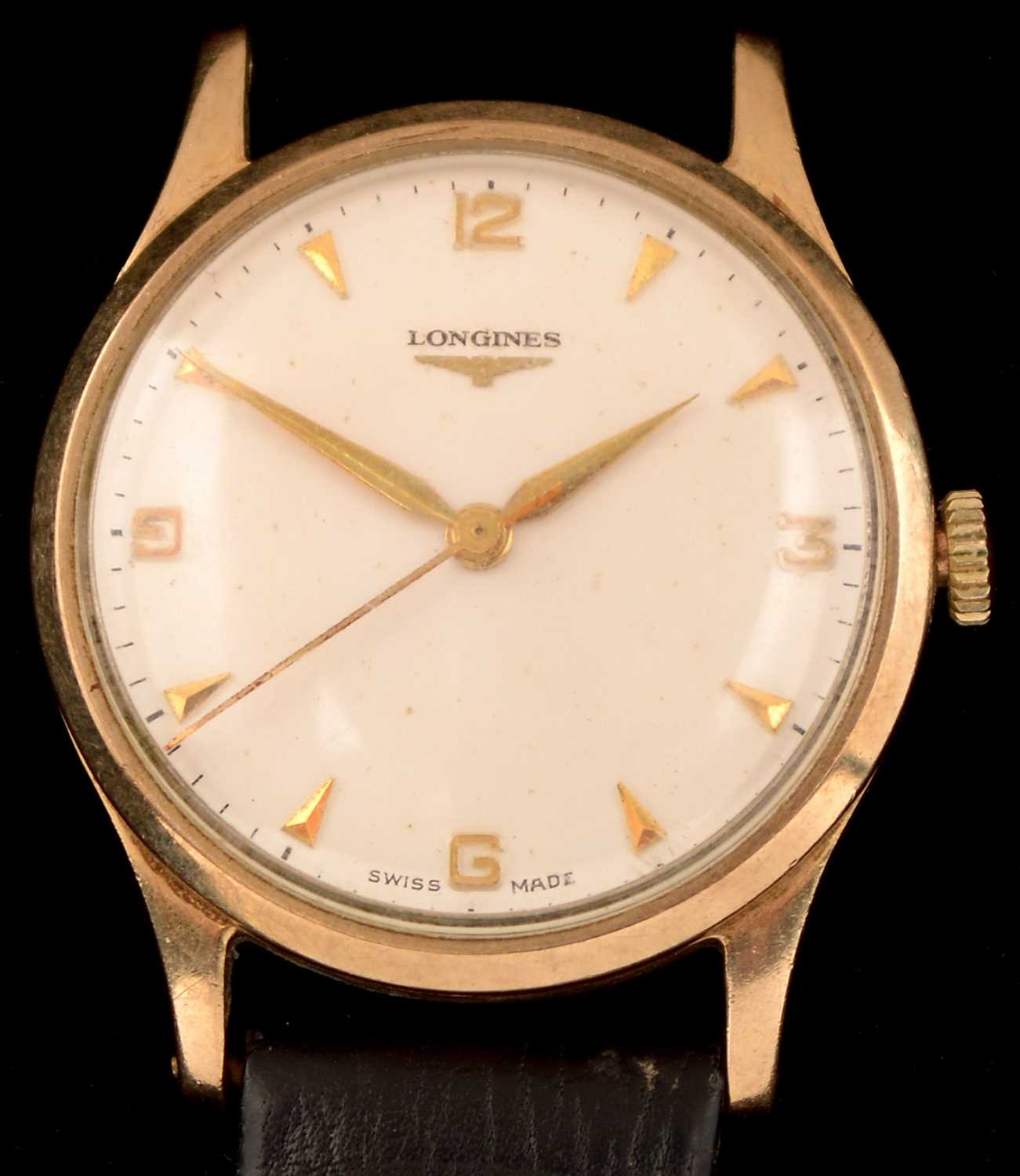 Lot 8 - A gent's late 1950's Longines 9ct. gold wristwatch.