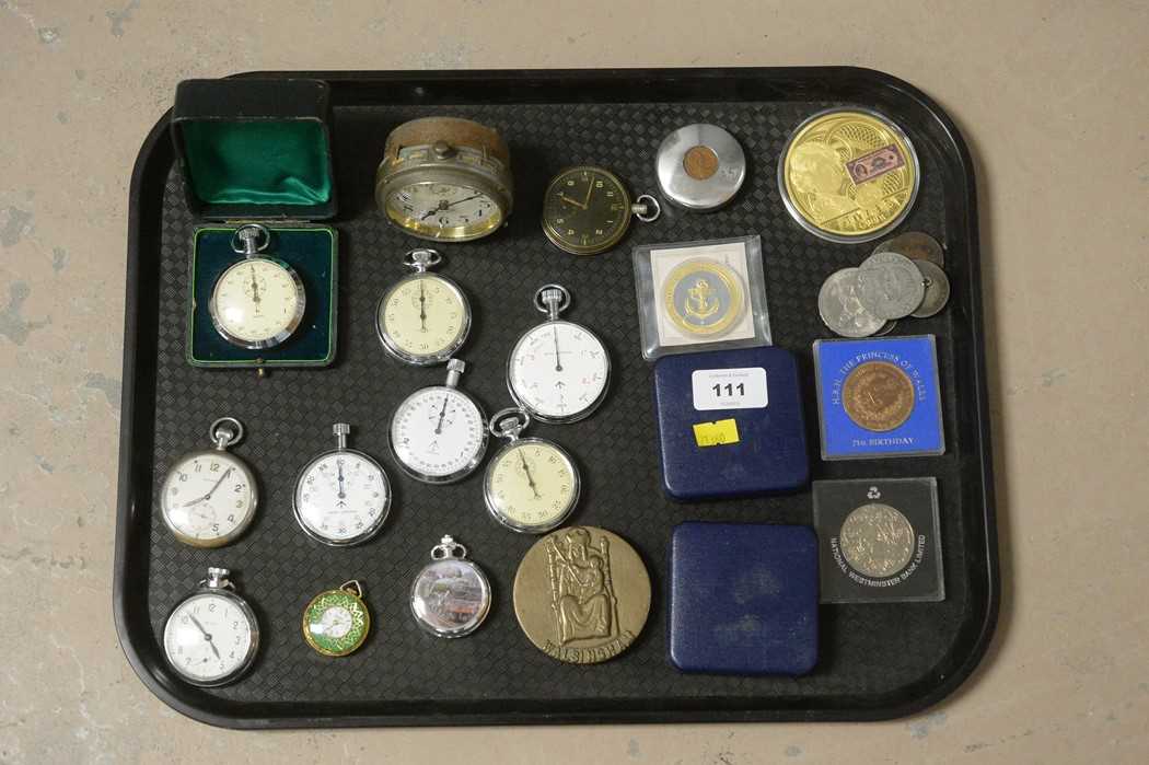 Lot 111 - Stopwatches, pocket watches and coins.