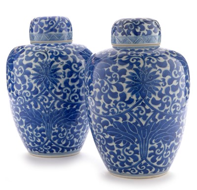 Lot 351 - Pair of late 19th Century Chinese blue and white jars and covers.