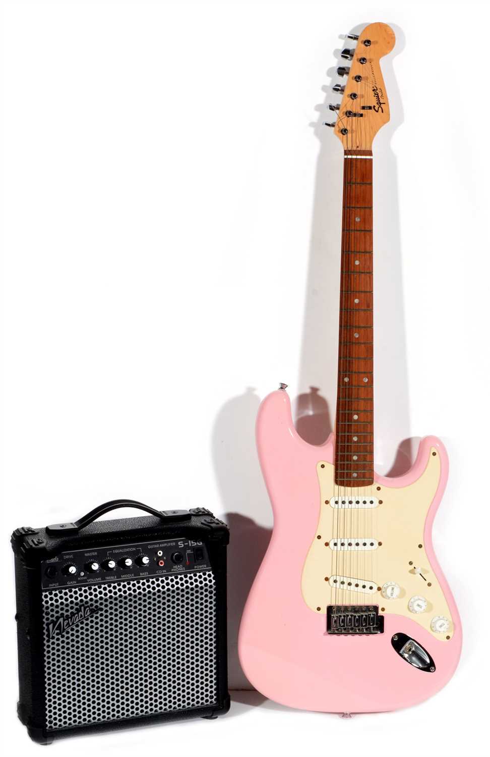 Lot 151 - A Fender Squier Bullet pink Stratocaster and amp