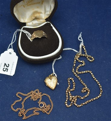 Lot 25 - 9ct signet ring, 9ct locket and yellow metal chains