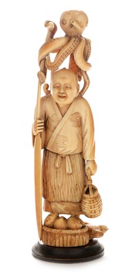 Lot 412 - Japanese Meiji ivory carving of a fisherman and octopus