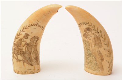 Lot 1501 - A pair of 19th Century scrimshaw marine teeth,...