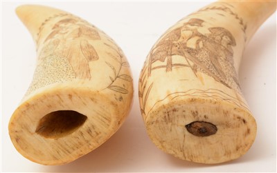 Lot 1501 - A pair of 19th Century scrimshaw marine teeth,...