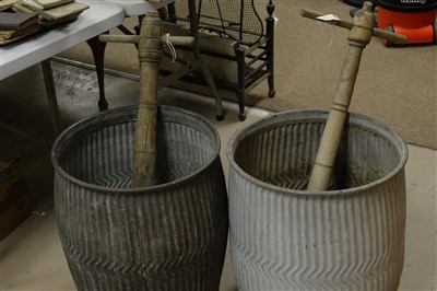 Lot 397 - Two poss sticks and metal tubs